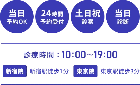 当日予約OK、24時間予約受付、土日祝診断、当日診断